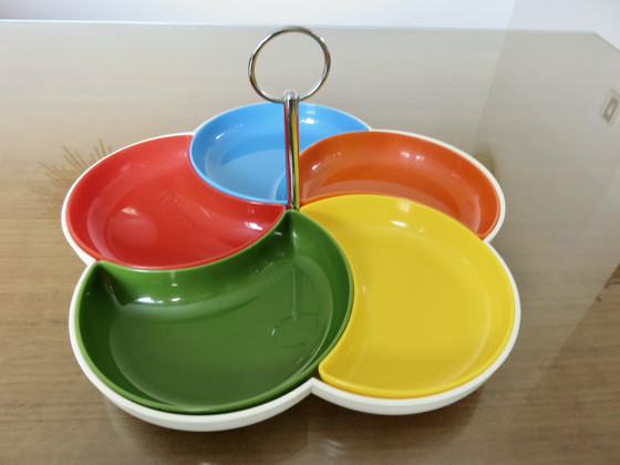 Image 1 of Serviteur à Apéritif, Space Age, Pop, 5 Ramequins Multicolores, Années 70-80