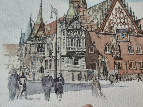 Image 1 of Original Signed Watercolor | Wrocław (Breslau) Town Hall, Poland | M. Ody, 2000
