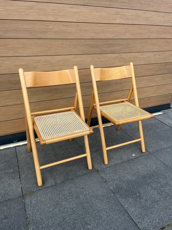 Image 1 of Vintage wooden folding chair with rattan seat midcentury Italy