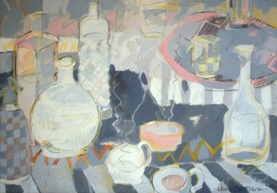 Image 1 of Clara Oliveras – "Still Life with Bottles" – Oil on Canvas (Signed)