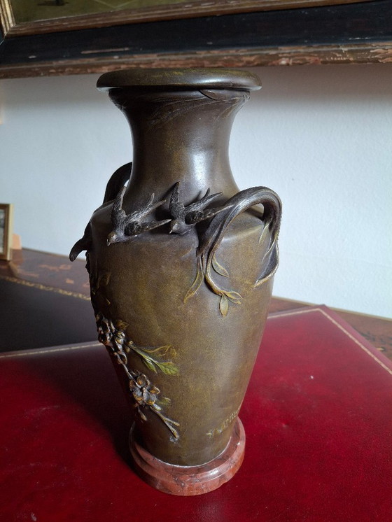 Image 1 of Pair of Art Nouveau spelter vases with triple patina, signed Louis and François Moreau