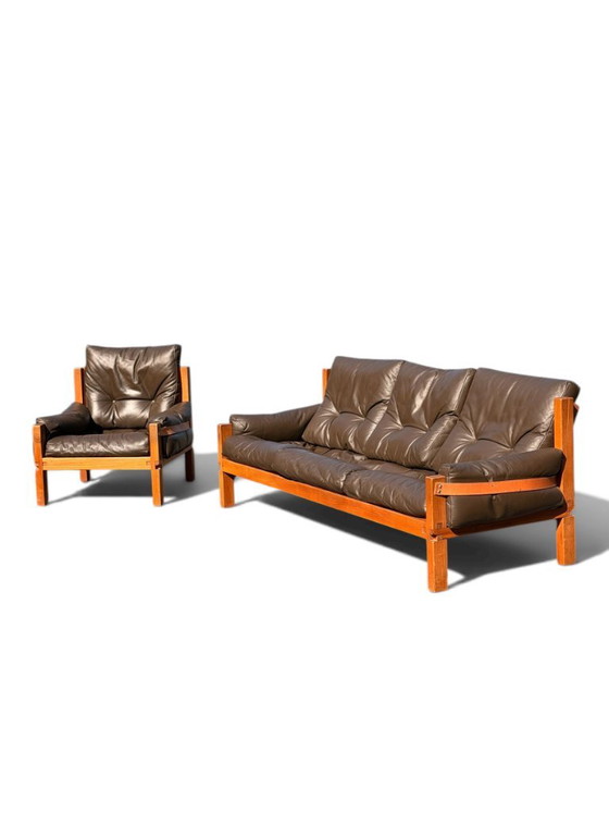 Auténtico conjunto de salón Pierre Chapo: sofá S32 y sillón S15 - Olmo y cuero (años 60) – Zona de estar (photo 9 of 23)
