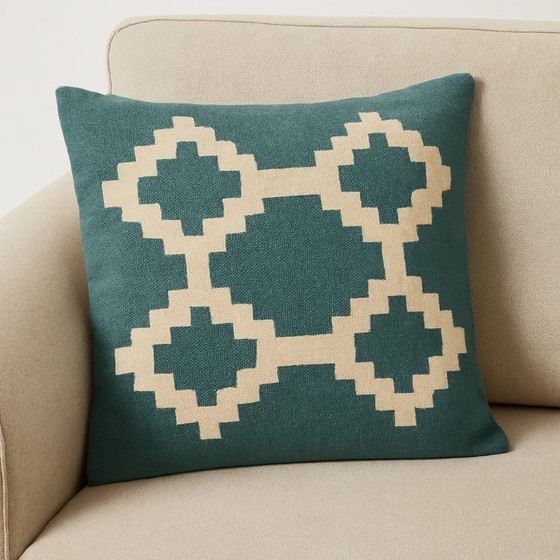 Image 1 of Handmade Egyptian Wool Cushion Cover "Senon" - 40×40 cm - Green & Cream - With Zipper - Excluding Inner Cushion