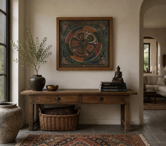 61x65 cm Thangka Mandala Tibétain Antique | Ranjana Mantra | 9 kg Art Mural – Peintures et dessins, Wood, Gold (photo 5 of 5)