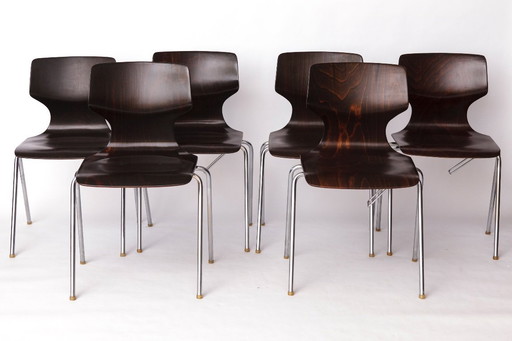 6 Flötotto Pagwood Chairs – German Design Classic, 1970s, Chrome & Plywood