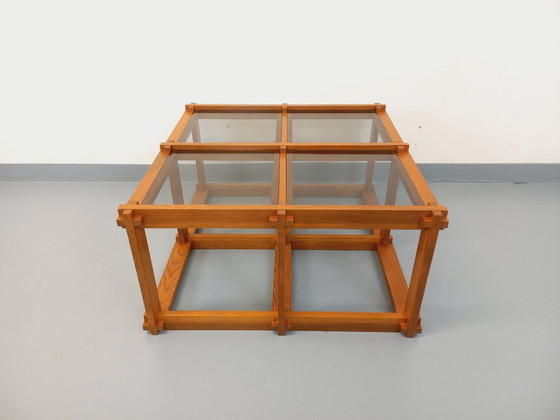 Image 1 of Vintage square coffee table in pine and smoked glass from the 70s/80s