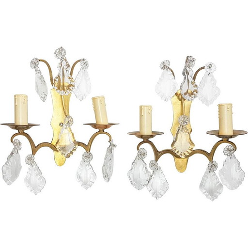 Par de apliques vintage de bronce y cristal