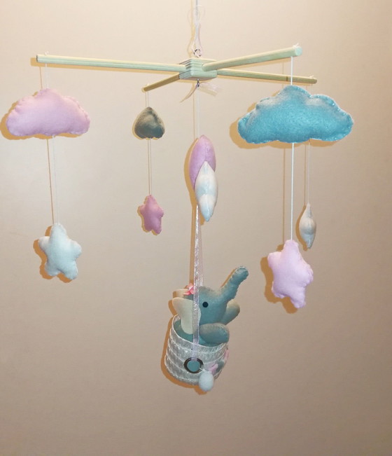 Image 1 of Handmade "Elephant And Hearts In The Clouds" Baby Mobile