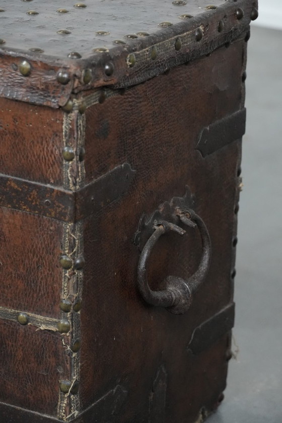 Image 1 of Antique 17th century chest/safe covered with leather and original key