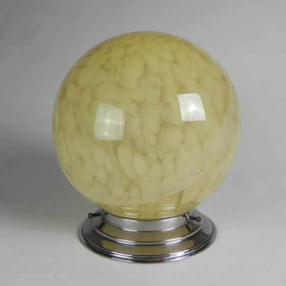 Image 1 of Art Deco plafondlamp, plafonnière met beige gewolkte glazen bol, jaren 30