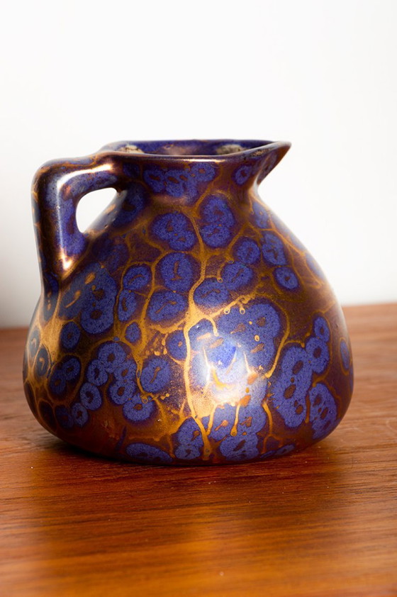 Image 1 of Vaso e versatore in stile Art-Nouveau in ceramica smaltata viola iridescente di Léon Pointu, Grès de Puisaye, 1910.