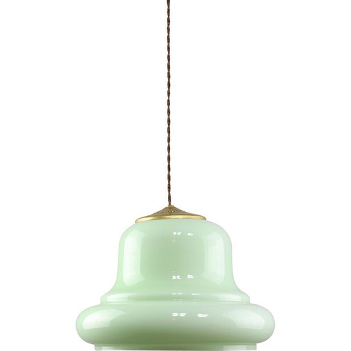 Vintage pendant lamp in brass and green glass, Italy 1960
