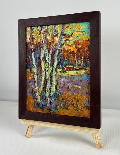 Original Oil Painting Autumn Forest Landscape Young aspens listen to the silence
