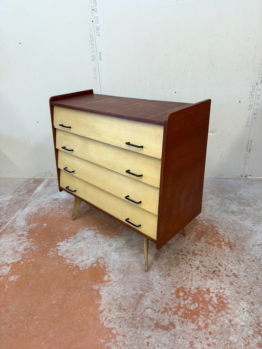 Vintage 50er Jahre zweifarbige Teakholz Kommode mit 4 Schubladen und Kompassbeinen
