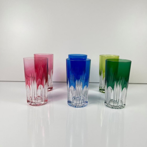 Image 1 of Set of 6 long drink glasses in colored double-layered crystal, 1970s, Eastern Europe