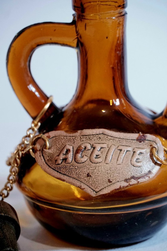 Image 1 of Vintage Amber Glass Spanish "Aceite" Cruet – Mid-Century Mediterranean Style