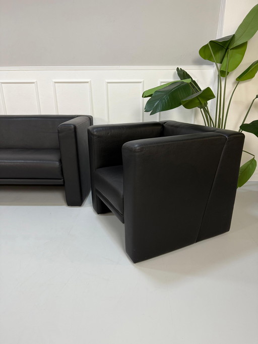 Brühl Visavis sofa + armchair leather black High-quality set