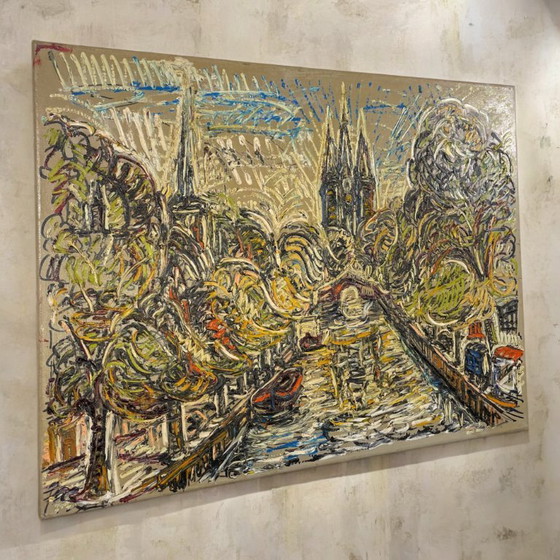 Image 1 of 1961 Dipinto in stile Van Gogh della Oude Kerk vista dal canale Oude Delft
