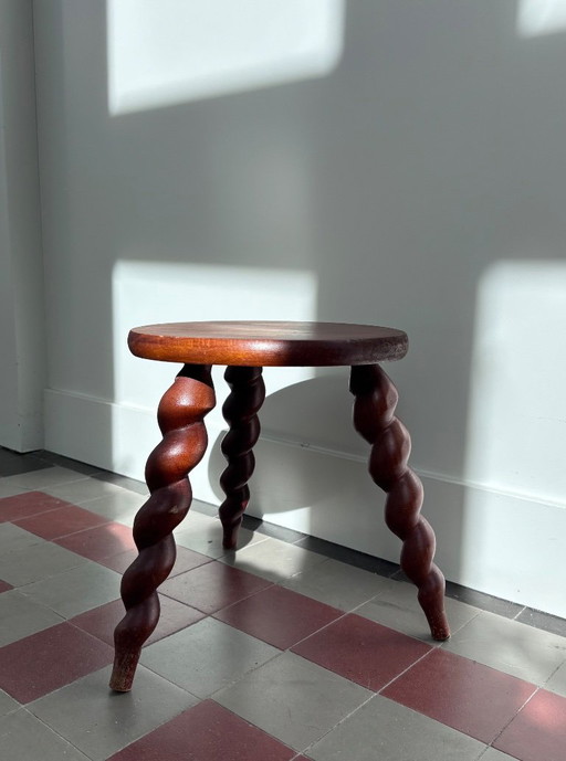 Vintage French Brutalist Tripod Stool / Tabouret – Mid-Century Barley Twist – plantentafel, Wood