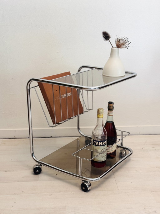 Vintage Trolley Bar Cart Tubular Frame Chrome Smoked Glass 1970s – bijzettafels