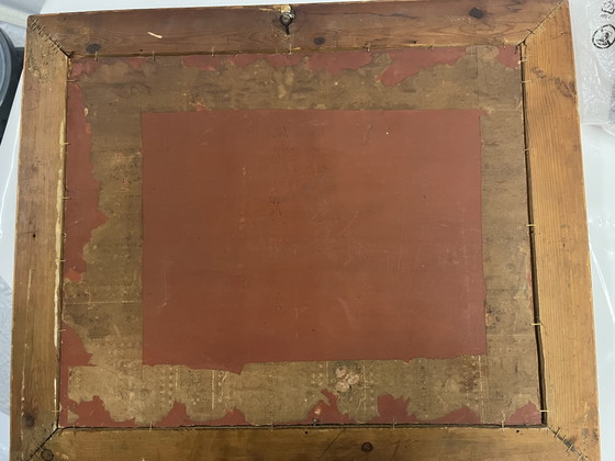 Antique oil painting on wooden panel (1920) – Signed – Interior with fireplace – Includes original frame (photo 10 of 10)