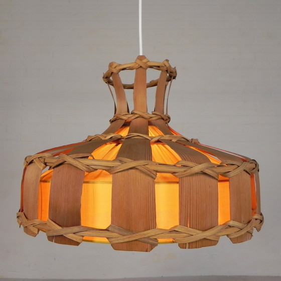 Image 1 of Lampada a sospensione vintage con paralume in rattan, foglia di palma e tessuto, anni '70