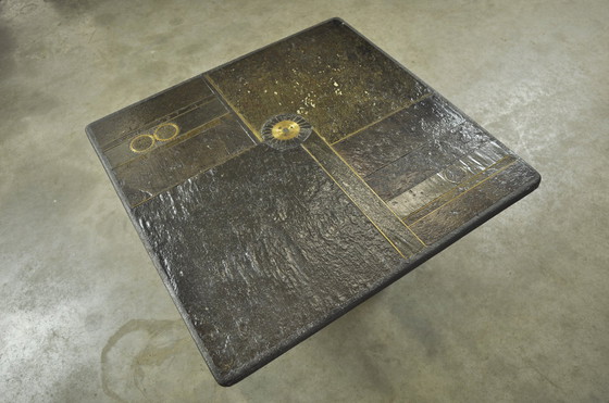 Image 1 of Table d'appoint vintage en pierre naturelle avec incrustation de BRONZE, Pays-Bas 1970