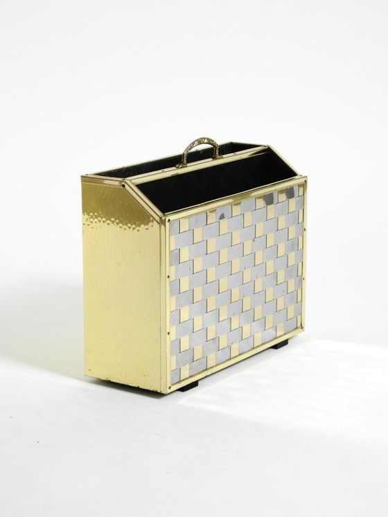 Image 1 of Extraordinary 1980s newspaper rack made of brass and wood in Hollywood Regency design