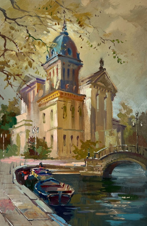 Image 1 of Origineel olieverfschilderij: Stadsgezicht 's avonds. De rivier en het hart van de stad.