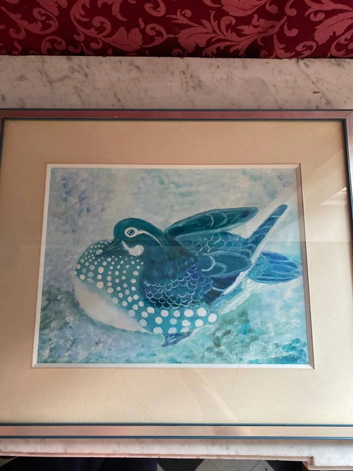 Original watercolor, signed and dated, loon on the water, framed under glass – schilderijen tekeningen, Aluminium