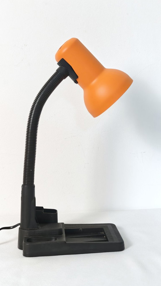 Vintage Orange Gooseneck Desk Lamp, 1990s Memphis Style Task Light, Organizer Base, Table lamps, Plastic (photo 2 of 9)