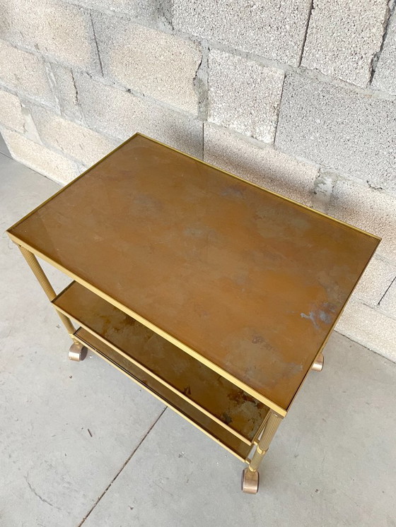 Image 1 of Vintage serving cart in gilded brass and glass on casters, 1960s-1970s