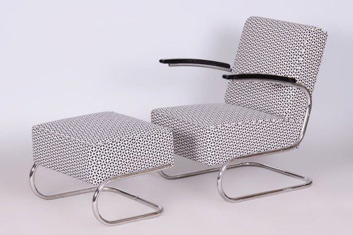 Restored Bauhaus Armchair With Foot Stool, By Mücke-Melder, Steel, Czech, 1930s – fauteuils, Metal, Textile