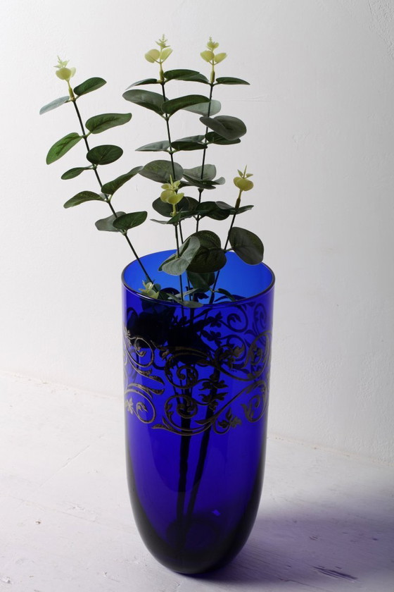 Image 1 of Vintage Cobalt Blue Crystal Vase with Silver Ornament / Fani Argento / Italy / 1930s