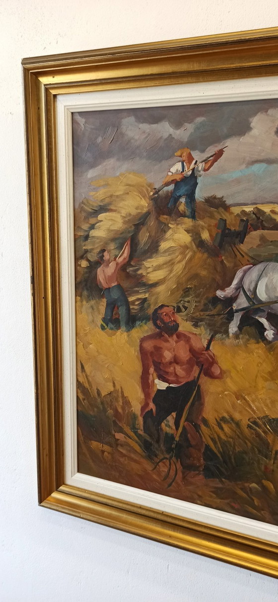 Image 1 of Oil Painting by T. Ahlberg, Harvest Scene with Horses and Farmers