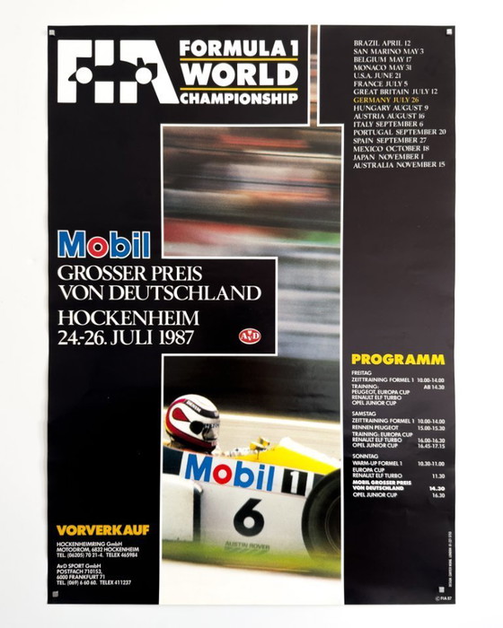 Image 1 of 🏁 Formel 1 – Großer Preis von Deutschland, Hockenheim 1987 – Original Poster/Plakat
