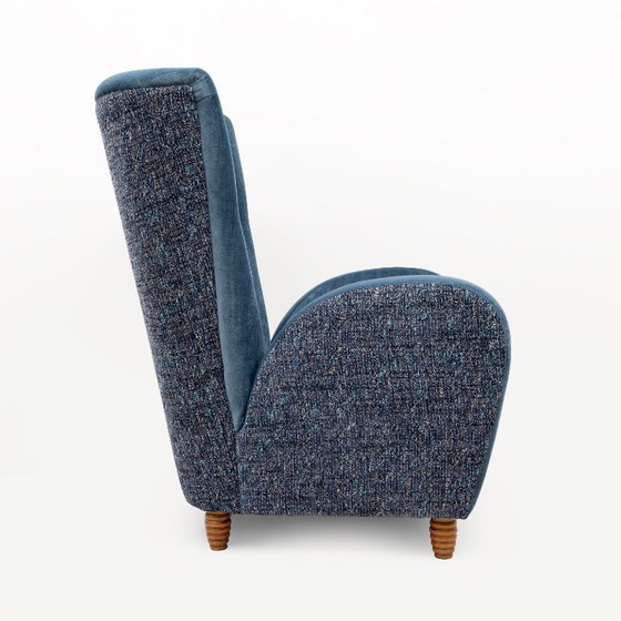 Image 1 of Pair of Italian Paolo Buffa High-Back Armchairs in Blue Velvet and Chenille, 50s