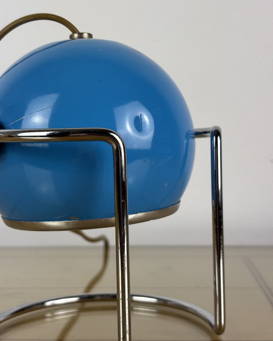Image 1 of Table Lamp, Targetti Sankey Metal, Eyeball, 70s, Italy, Space Age, Sputnik design, 1970s, Blue Vintage Lamp with Chrome Stand
