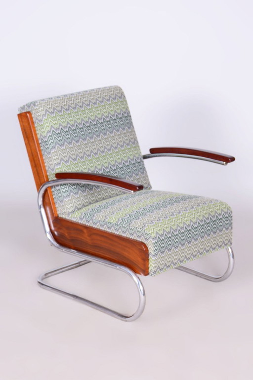 Gerestaureerde art-deco fauteuil, beuken, sparren, walnoot, chroom, Tsjechisch, jaren 1930 – Textile, Wood