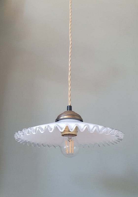 Image 1 of vintage pendant lamp of white opaline glass - fringes - clichy