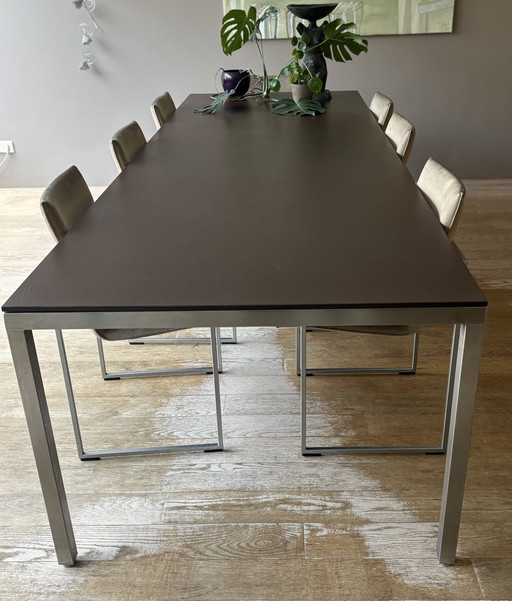 Metaform Table à manger 300x100 Quartz Stone Leaf Pearl Chrome Base