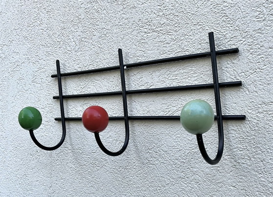 French Mid-Century Wall Coat Rack, Roger Féraud Style – Wood, Iron (photo 2 of 5)