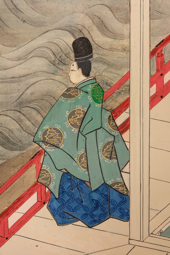 Image 1 of Antico paravento giapponese a sei pannelli con raffigurazione della storia di Genji.