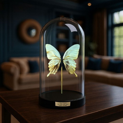 Véritable papillon, œuvre d'art taxidermique plaquée or 23 carats sous dôme de verre