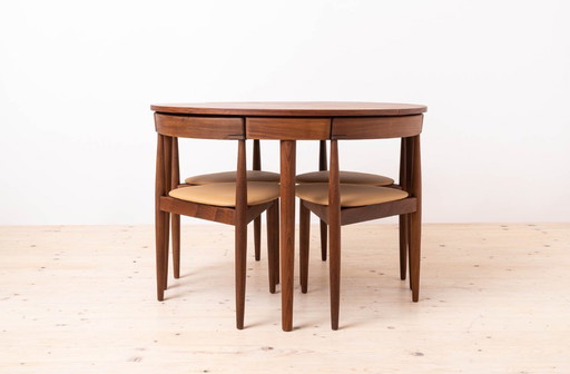 Teakholz-Essgarnitur von Hans Olsen, 4 Stühle, runder Tisch, dänische Moderne, 1950er Jahre