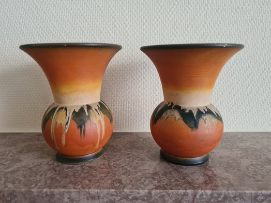 Pair of Art Deco Vases – Céramique Montoise (Antoine Dubois) – Drip Glaze Ceramic c. 1925 (photo 2 of 6)