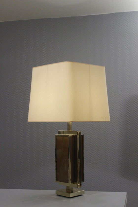 Image 1 of Philippe Cheverny - Grote messing lampvoet met omgekeerd beschilderd glas, Frankrijk, jaren 70