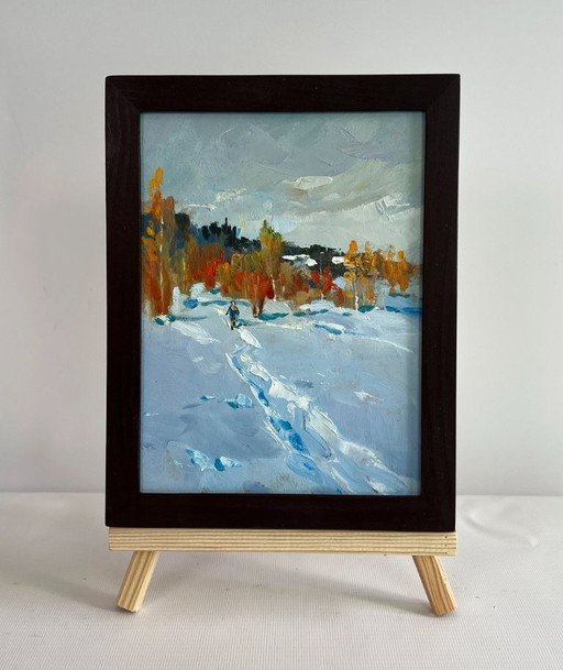 Original Oil Painting Winter Forest Landscape Walking in the winter forest
