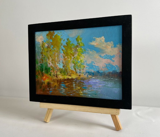 Original Oil Painting Autumn River Landscape Reflection of autumn in the river