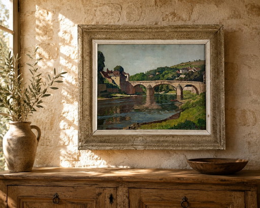 Constantin Font (1890–1954) – Huile originale sur panneau, Paysage français avec pont de pierre, vers 1935
